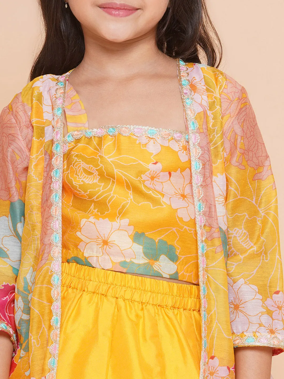 Girls Yellow Floral Print Top & Shrug With Ready to wear Skirts