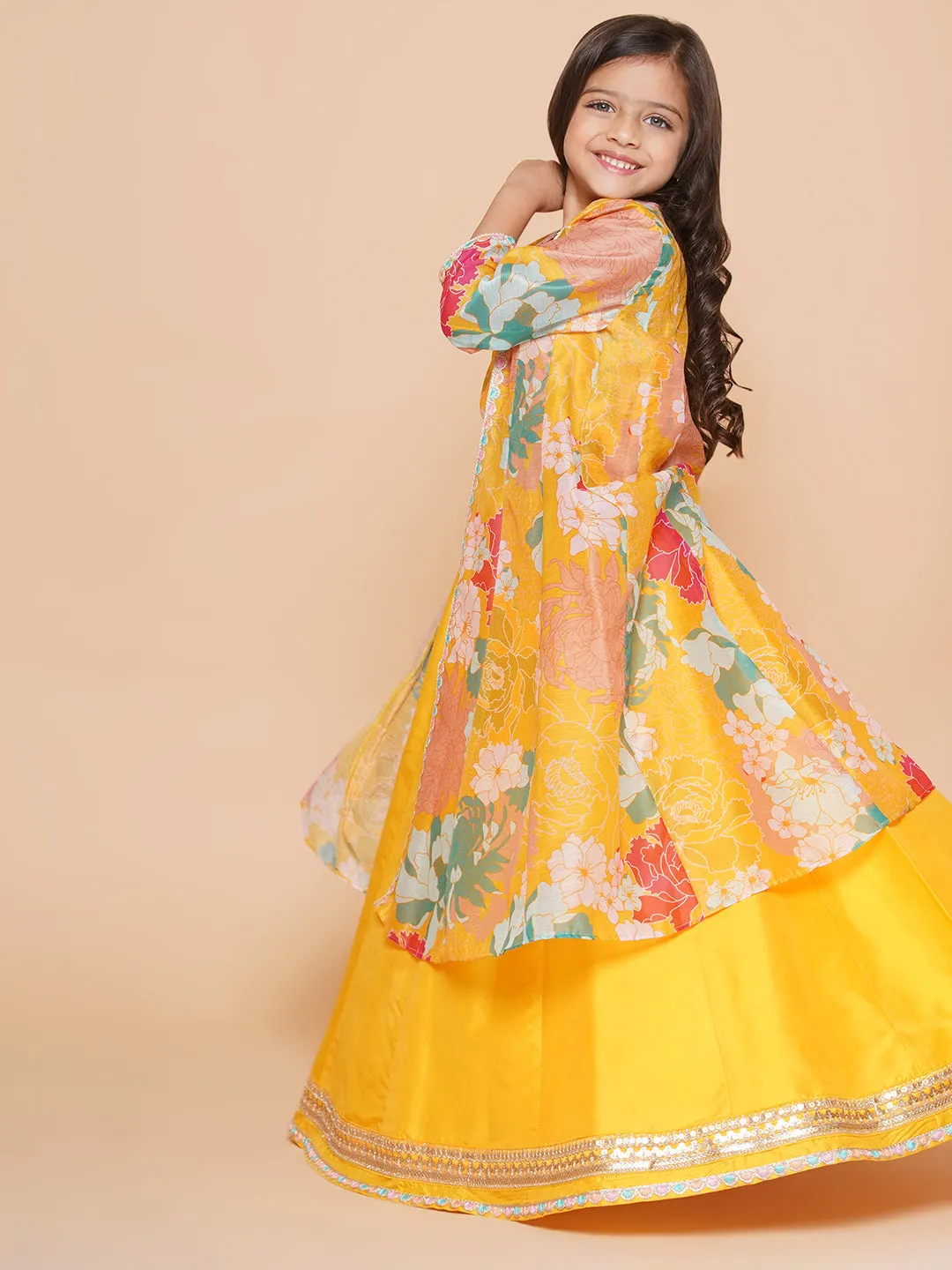 Girls Yellow Floral Print Top & Shrug With Ready to wear Skirts