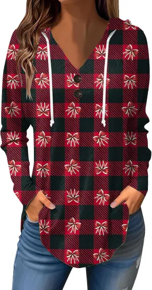 GOFULY Christmas Hoodie Womens Winter Oversized Button Shirt Drawstring Xmas Print Trendy Fall Tunic Tops Christmas Clothes