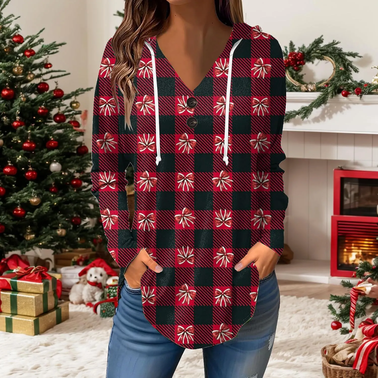 GOFULY Christmas Hoodie Womens Winter Oversized Button Shirt Drawstring Xmas Print Trendy Fall Tunic Tops Christmas Clothes