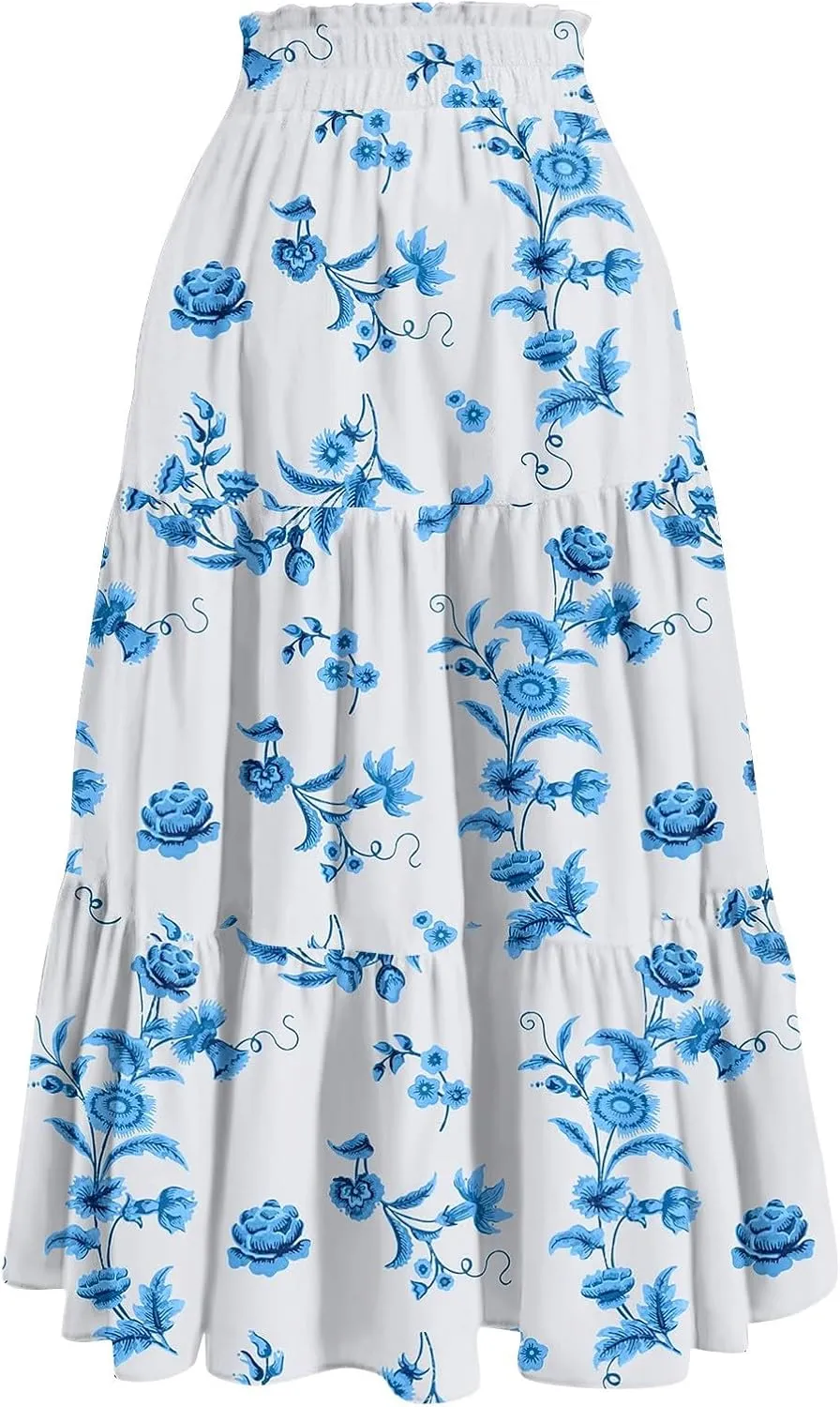 GOFULY Maxi Skirts for Women Boho Floral Print A-Line Long High Waisted Skirts Summer Drawstring Pleated Tiered Western Skirt