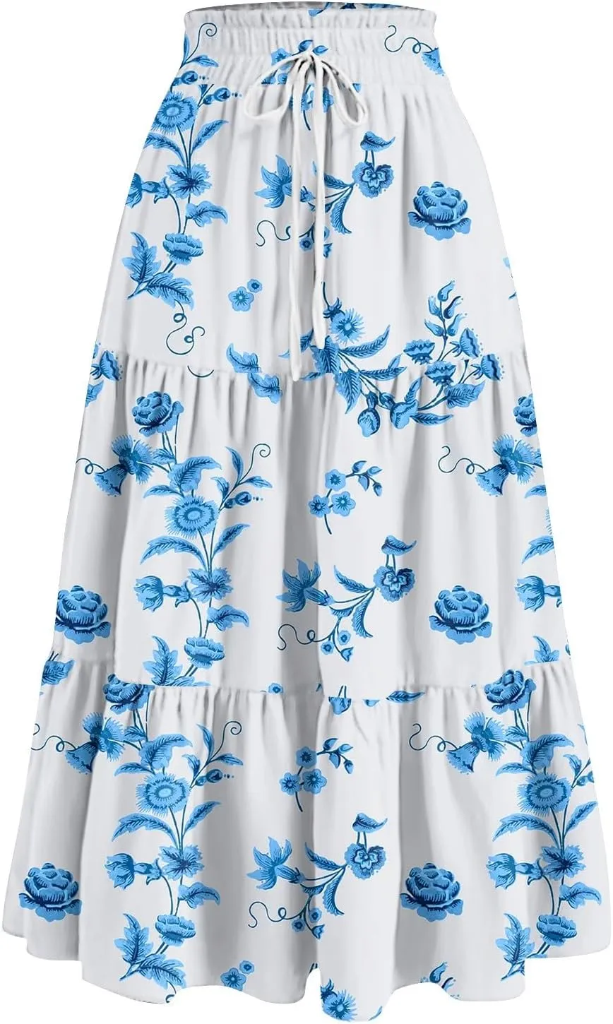 GOFULY Maxi Skirts for Women Boho Floral Print A-Line Long High Waisted Skirts Summer Drawstring Pleated Tiered Western Skirt