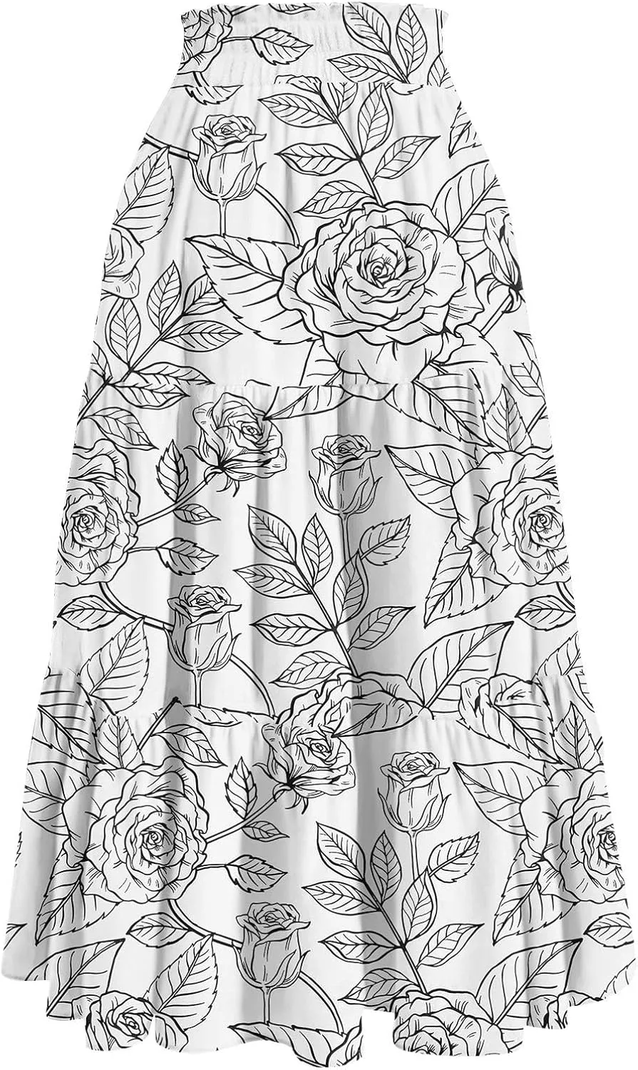 GOFULY Maxi Skirts for Women Boho Floral Print A-Line Long High Waisted Skirts Summer Drawstring Pleated Tiered Western Skirt