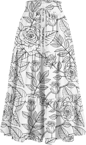 GOFULY Maxi Skirts for Women Boho Floral Print A-Line Long High Waisted Skirts Summer Drawstring Pleated Tiered Western Skirt