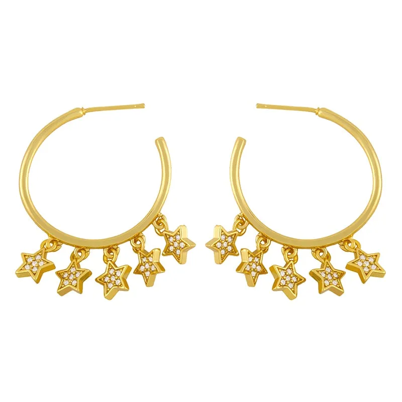Gold Plated Big Round Hoop Earrings For Women CZ Pave Rhinestone Star Charms Earrings
