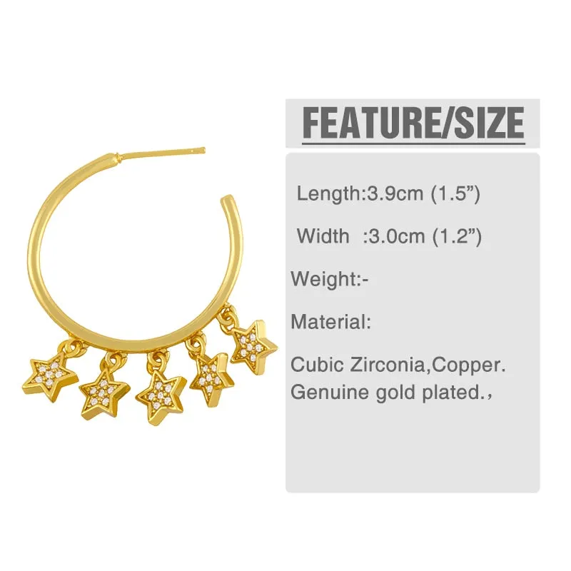 Gold Plated Big Round Hoop Earrings For Women CZ Pave Rhinestone Star Charms Earrings