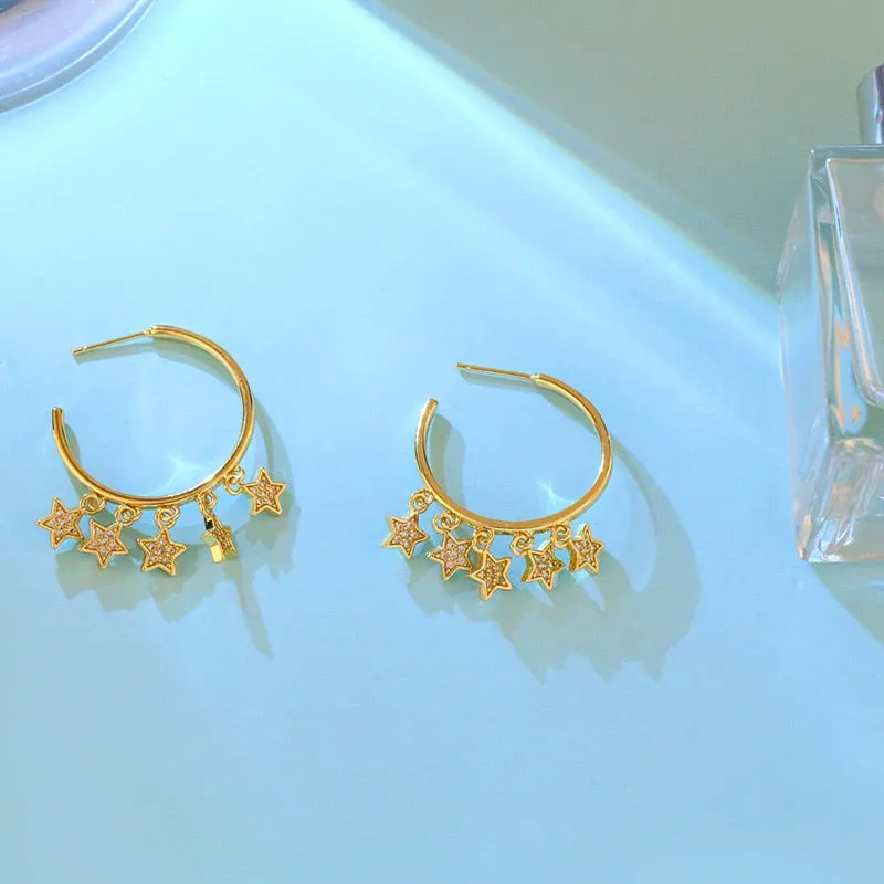 Gold Plated Big Round Hoop Earrings For Women CZ Pave Rhinestone Star Charms Earrings