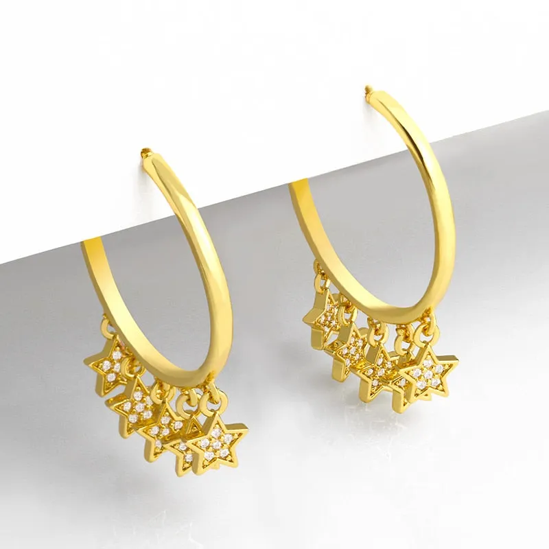Gold Plated Big Round Hoop Earrings For Women CZ Pave Rhinestone Star Charms Earrings