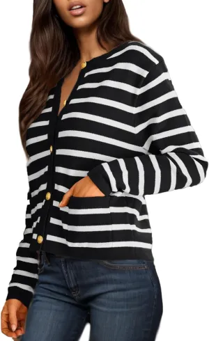 GOLDSTITCH Womens Cardigans Striped Sweaters 2025 Crew Neck Gold Buttons Open Front Button Down Knit with Pockets