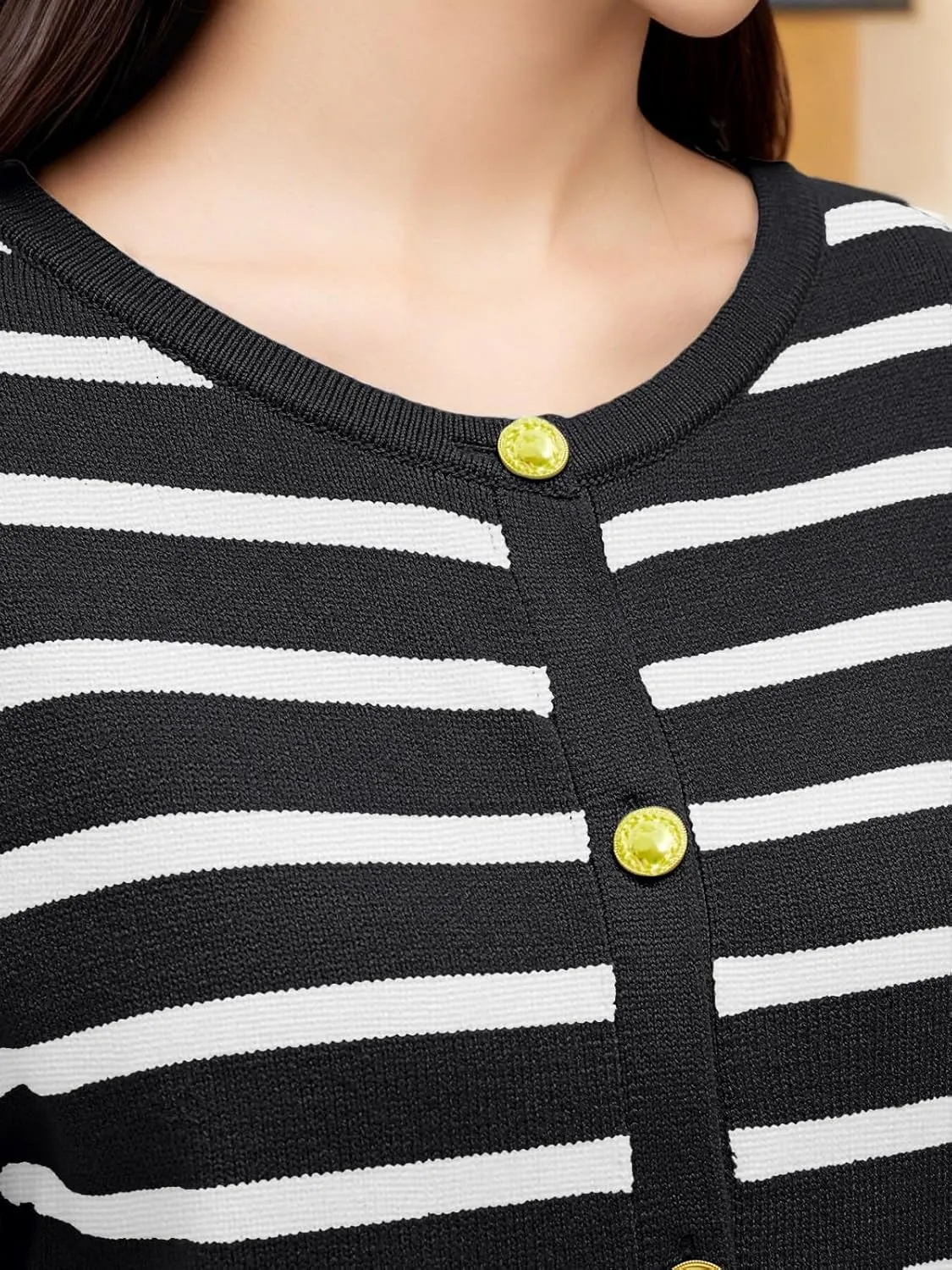 GOLDSTITCH Womens Cardigans Striped Sweaters 2025 Crew Neck Gold Buttons Open Front Button Down Knit with Pockets