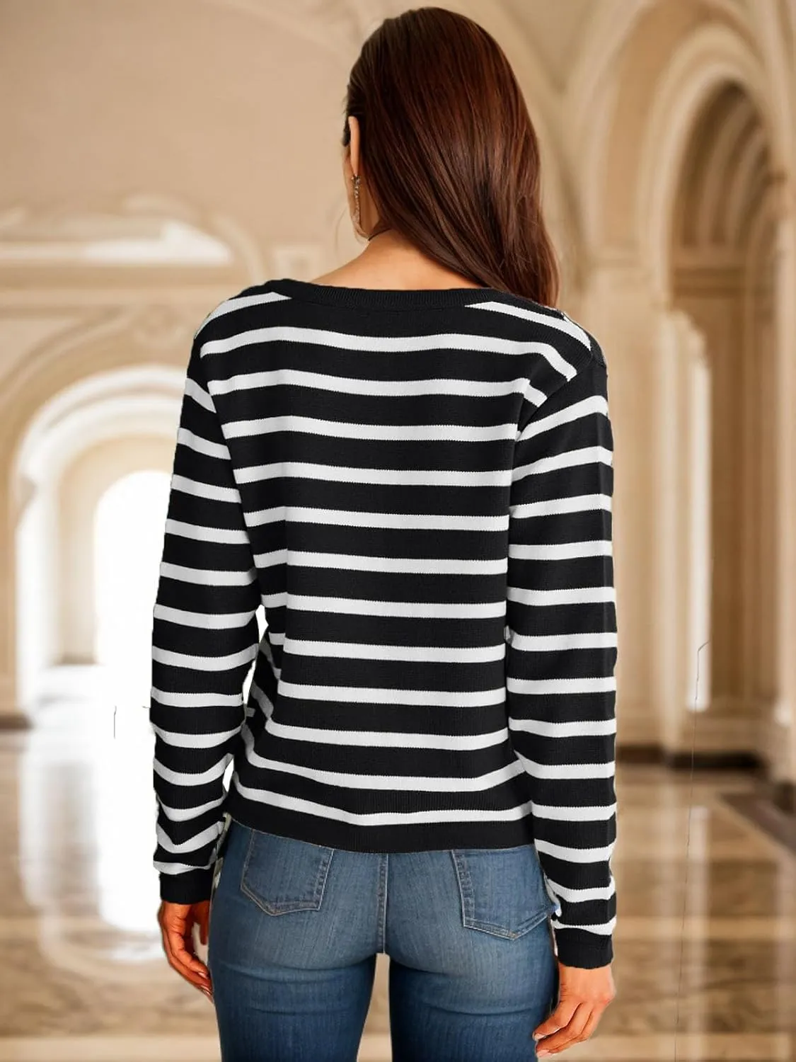 GOLDSTITCH Womens Cardigans Striped Sweaters 2025 Crew Neck Gold Buttons Open Front Button Down Knit with Pockets
