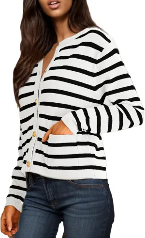 GOLDSTITCH Womens Cardigans Striped Sweaters 2025 Crew Neck Gold Buttons Open Front Button Down Knit with Pockets