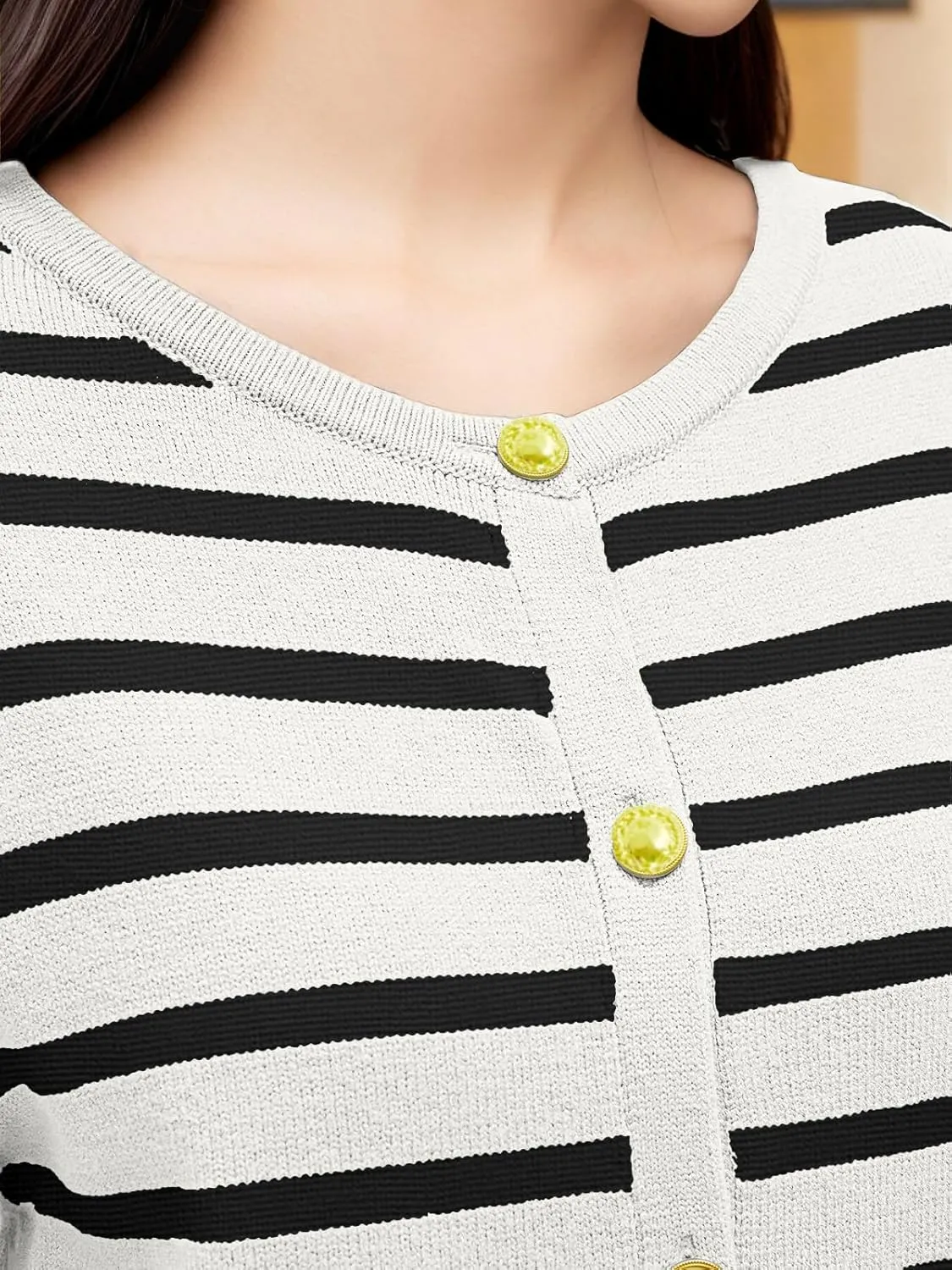 GOLDSTITCH Womens Cardigans Striped Sweaters 2025 Crew Neck Gold Buttons Open Front Button Down Knit with Pockets