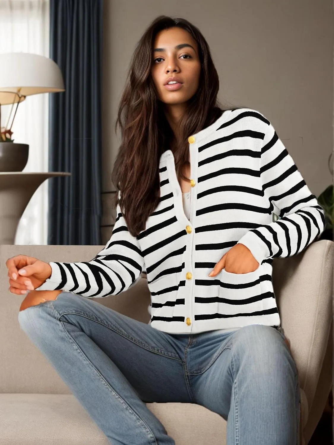 GOLDSTITCH Womens Cardigans Striped Sweaters 2025 Crew Neck Gold Buttons Open Front Button Down Knit with Pockets