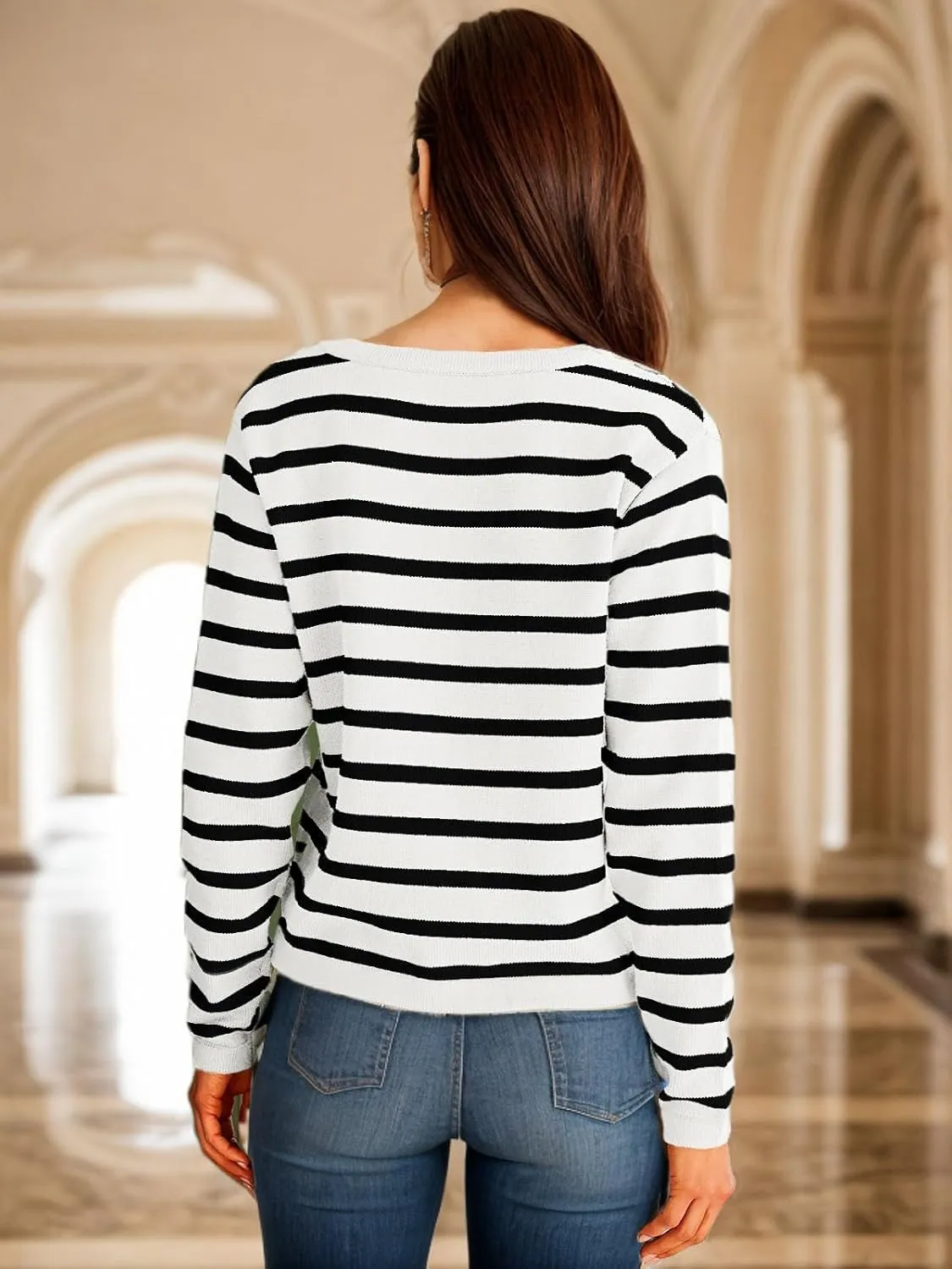 GOLDSTITCH Womens Cardigans Striped Sweaters 2025 Crew Neck Gold Buttons Open Front Button Down Knit with Pockets
