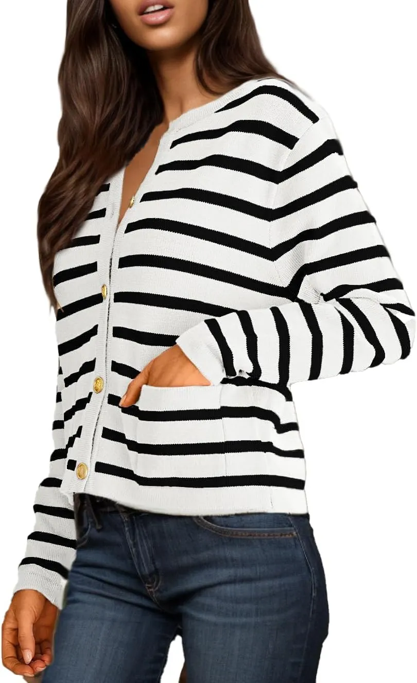 GOLDSTITCH Womens Cardigans Striped Sweaters 2025 Crew Neck Gold Buttons Open Front Button Down Knit with Pockets