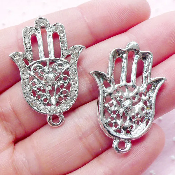 Good Luck Hamsa Hand Charm w/ Bling Rhinestones (2pcs / 22mm x 32mm / Silver) Khamsa Palm Protective Pendant Judaism Fatima Hand CHM1943