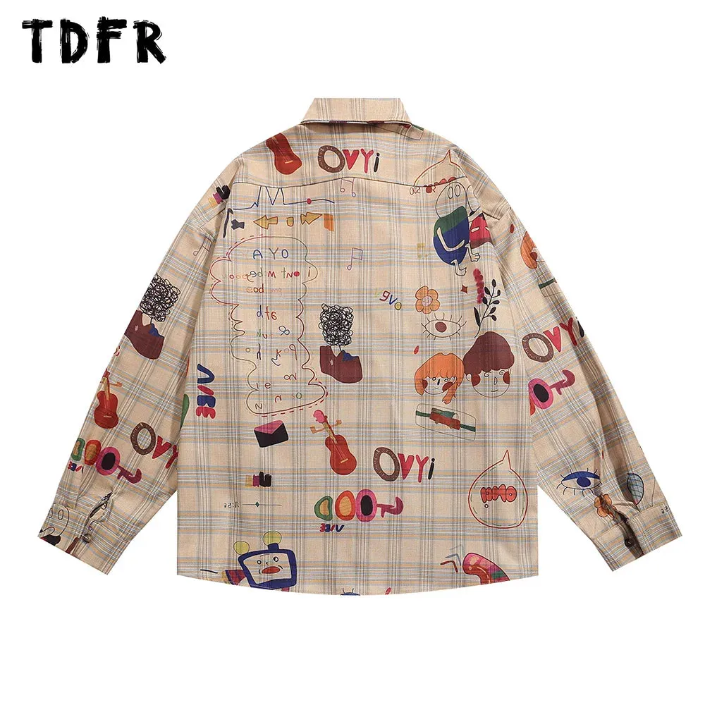 Graffiti Plaid Shirts Mens Retro Casual Loose Pocket Lapel Long Sleeve Shirts