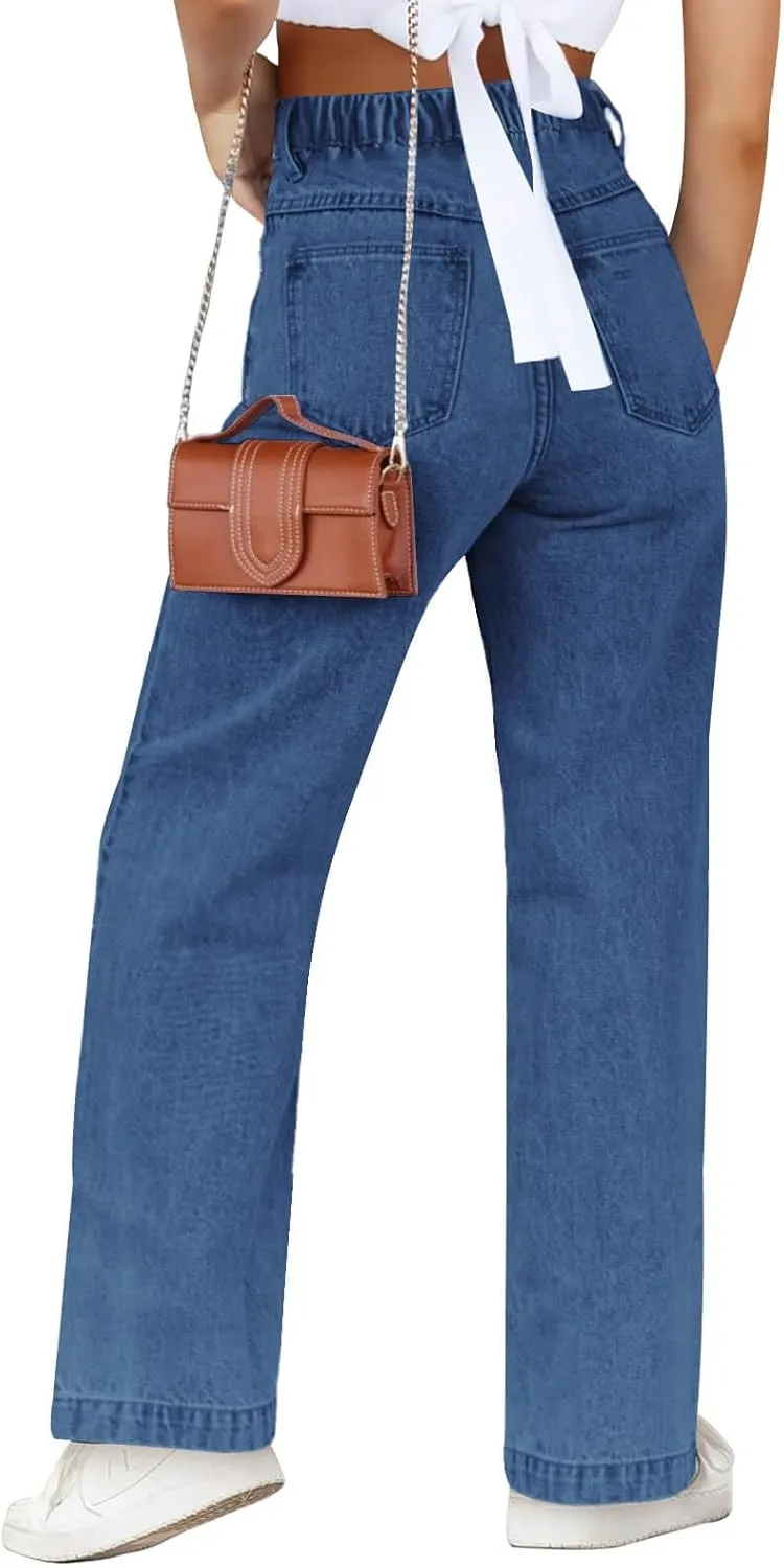 Haloumoning Girls Elastic Waist Jeans Straight Leg Demin Pants Casual Stretch Long Pants with Pockets 5-14 Years