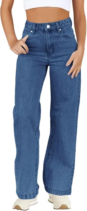 Haloumoning Girls Elastic Waist Jeans Straight Leg Demin Pants Casual Stretch Long Pants with Pockets 5-14 Years