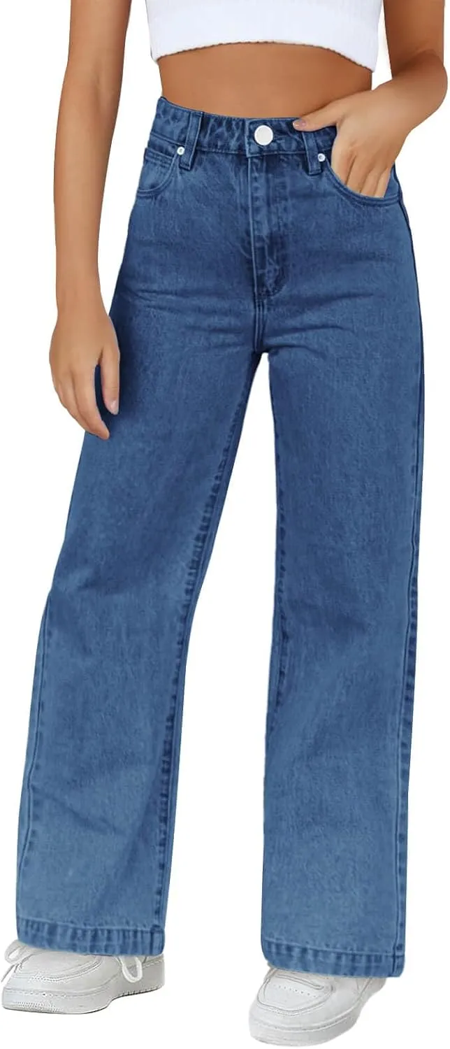 Haloumoning Girls Elastic Waist Jeans Straight Leg Demin Pants Casual Stretch Long Pants with Pockets 5-14 Years