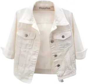 happlan Women's 3/4 Sleeve Short Denim Jacket Lapel Button Down Cropped Trucker Jean Jackets Coats