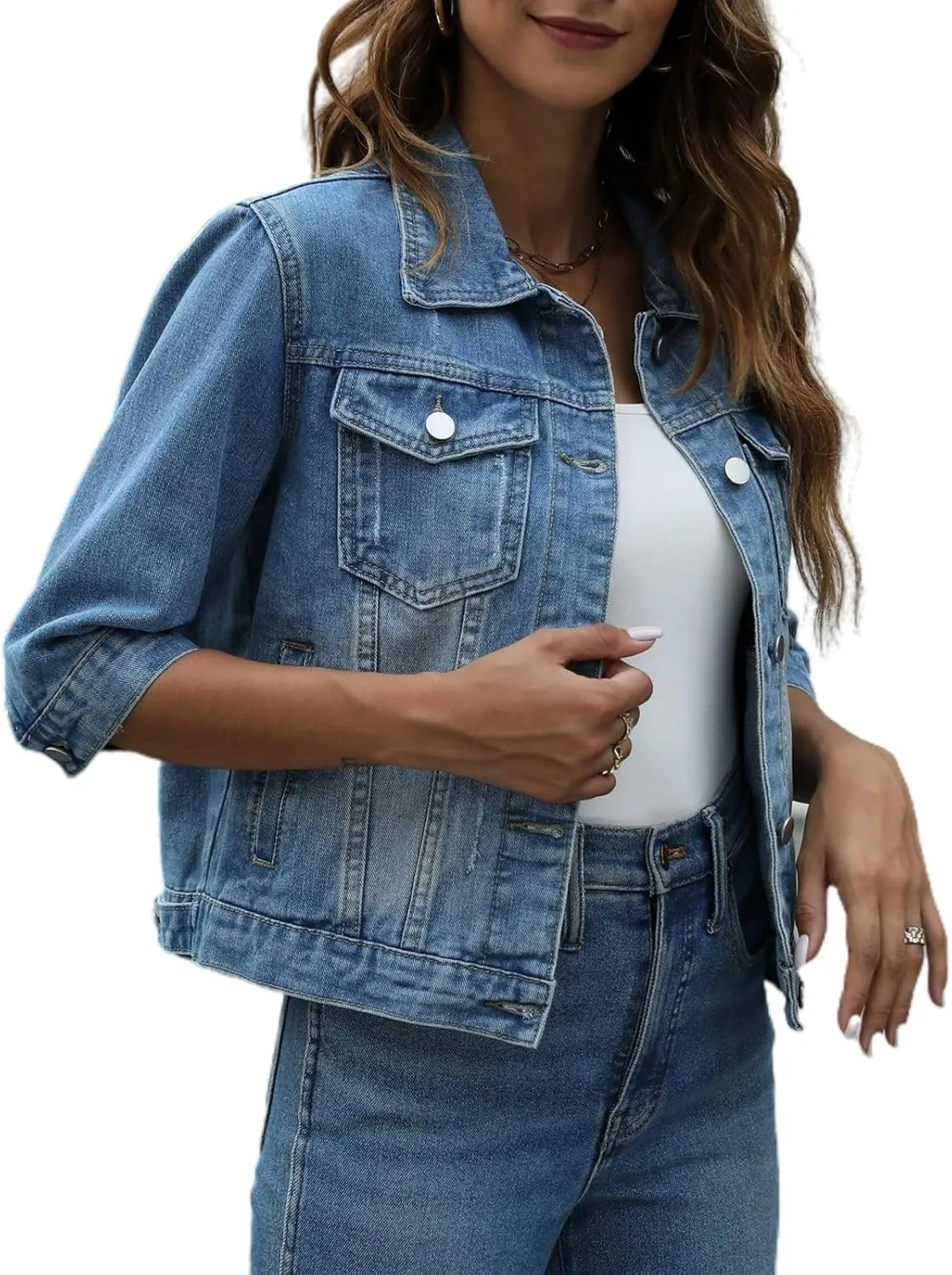 happlan Women's 3/4 Sleeve Short Denim Jacket Lapel Button Down Cropped Trucker Jean Jackets Coats