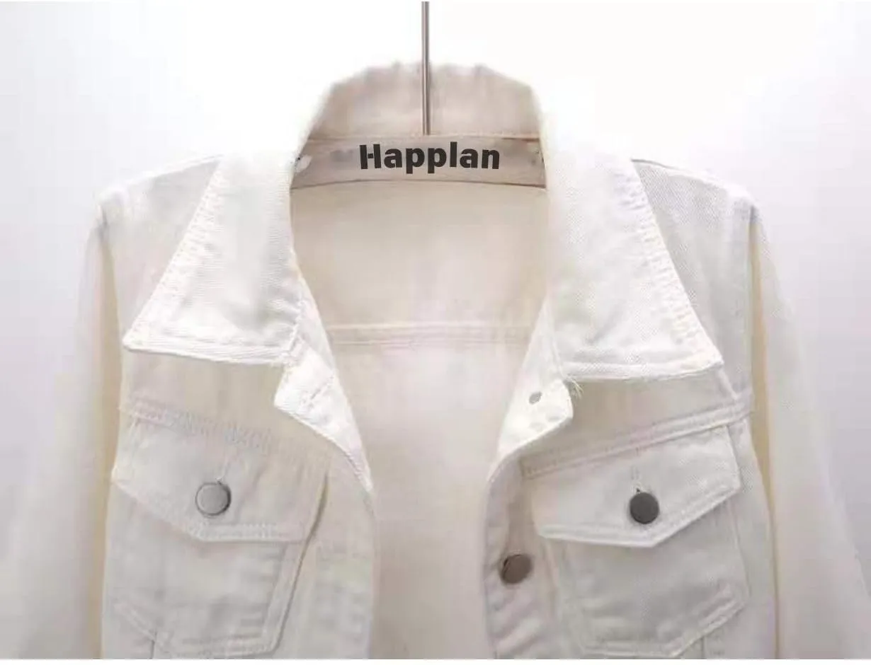 happlan Women's 3/4 Sleeve Short Denim Jacket Lapel Button Down Cropped Trucker Jean Jackets Coats