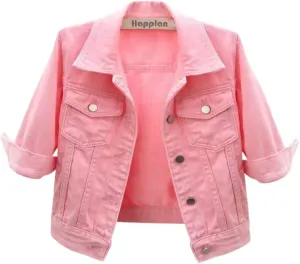 happlan Women's 3/4 Sleeve Short Denim Jacket Lapel Button Down Cropped Trucker Jean Jackets Coats