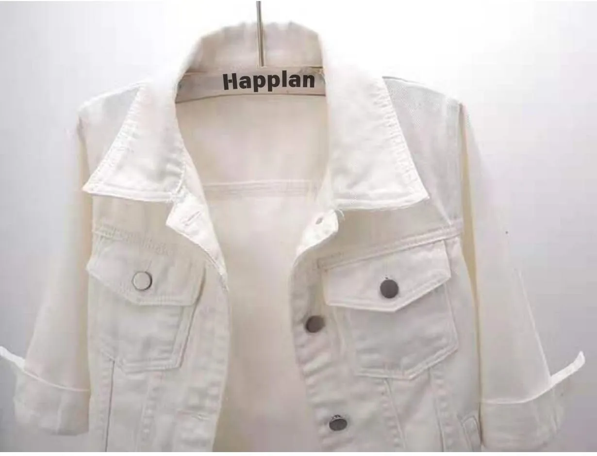 happlan Women's 3/4 Sleeve Short Denim Jacket Lapel Button Down Cropped Trucker Jean Jackets Coats