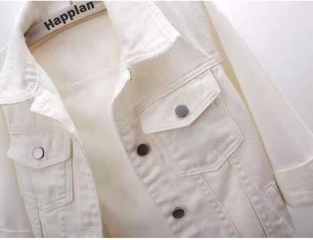 happlan Women's 3/4 Sleeve Short Denim Jacket Lapel Button Down Cropped Trucker Jean Jackets Coats