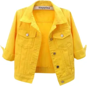 happlan Women's 3/4 Sleeve Short Denim Jacket Lapel Button Down Cropped Trucker Jean Jackets Coats
