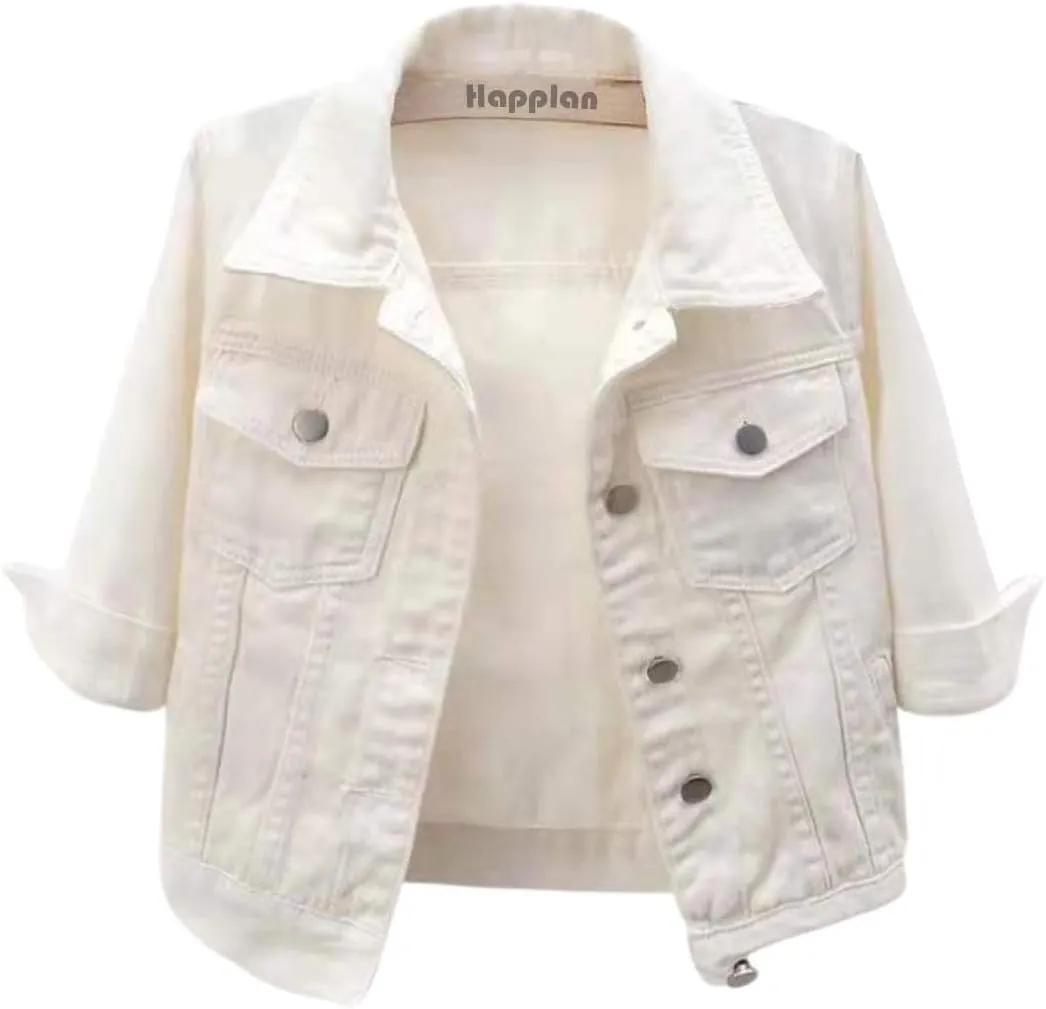 happlan Women's 3/4 Sleeve Short Denim Jacket Lapel Button Down Cropped Trucker Jean Jackets Coats