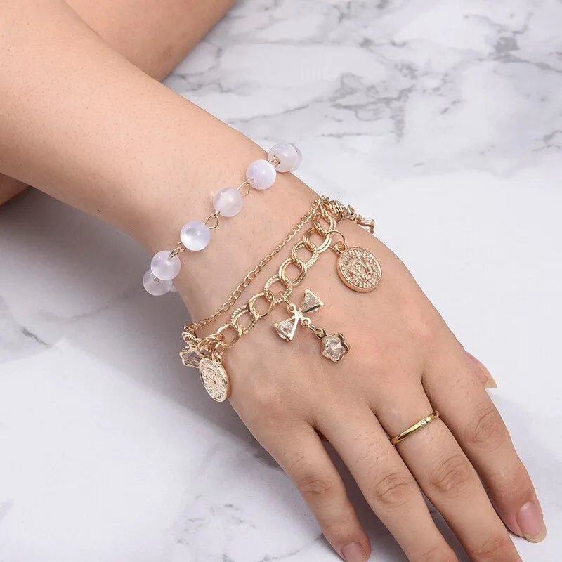 High Fashion Rhinestone Pearl, Chain, and Lock Multilayer Bracelet