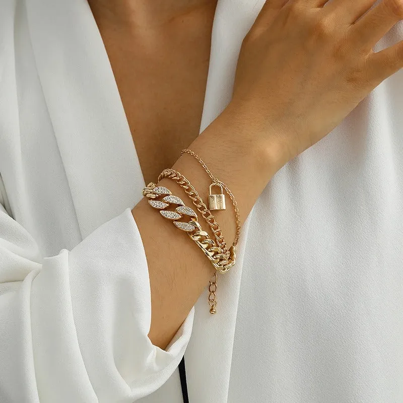 High Fashion Rhinestone Pearl, Chain, and Lock Multilayer Bracelet