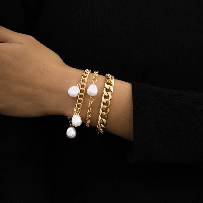 High Fashion Rhinestone Pearl, Chain, and Lock Multilayer Bracelet