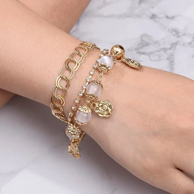 High Fashion Rhinestone Pearl, Chain, and Lock Multilayer Bracelet
