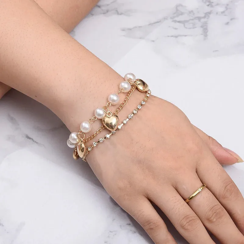 High Fashion Rhinestone Pearl, Chain, and Lock Multilayer Bracelet