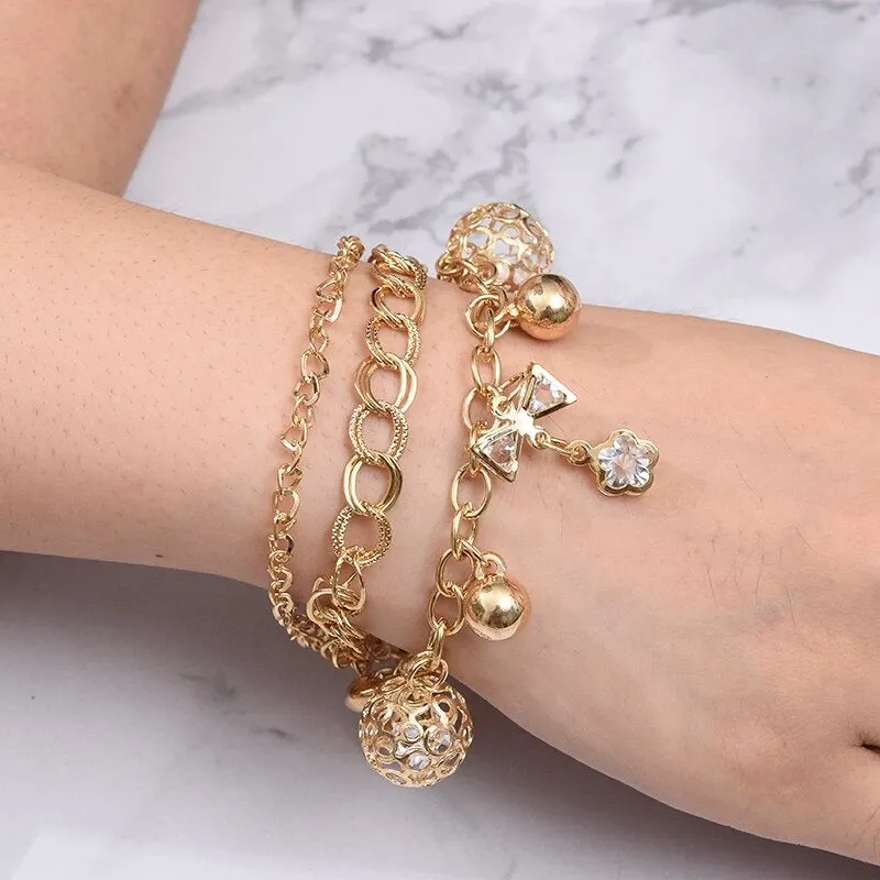 High Fashion Rhinestone Pearl, Chain, and Lock Multilayer Bracelet