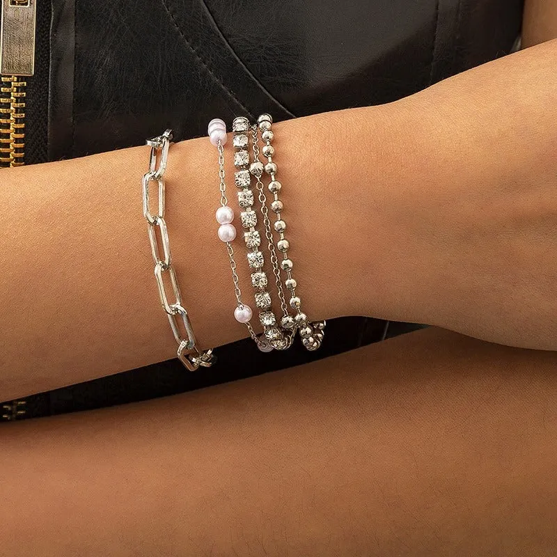 High Fashion Rhinestone Pearl, Chain, and Lock Multilayer Bracelet