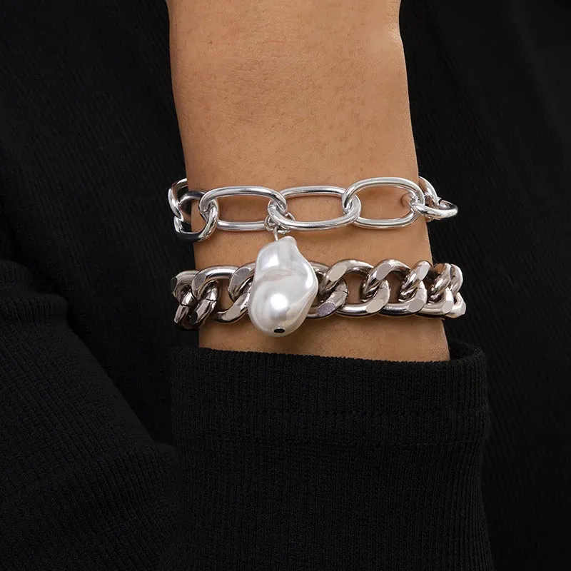 High Fashion Rhinestone Pearl, Chain, and Lock Multilayer Bracelet