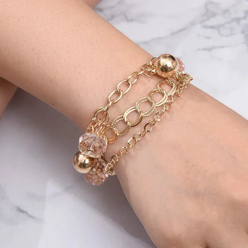 High Fashion Rhinestone Pearl, Chain, and Lock Multilayer Bracelet
