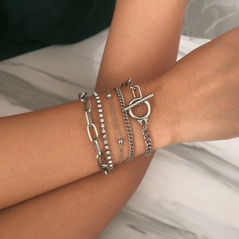 High Fashion Rhinestone Pearl, Chain, and Lock Multilayer Bracelet