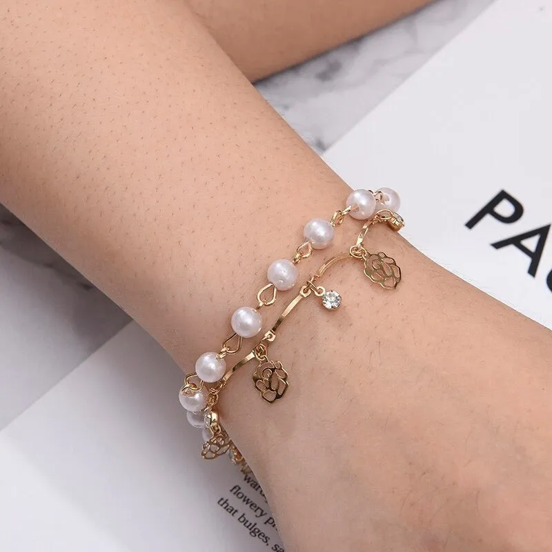 High Fashion Rhinestone Pearl, Chain, and Lock Multilayer Bracelet