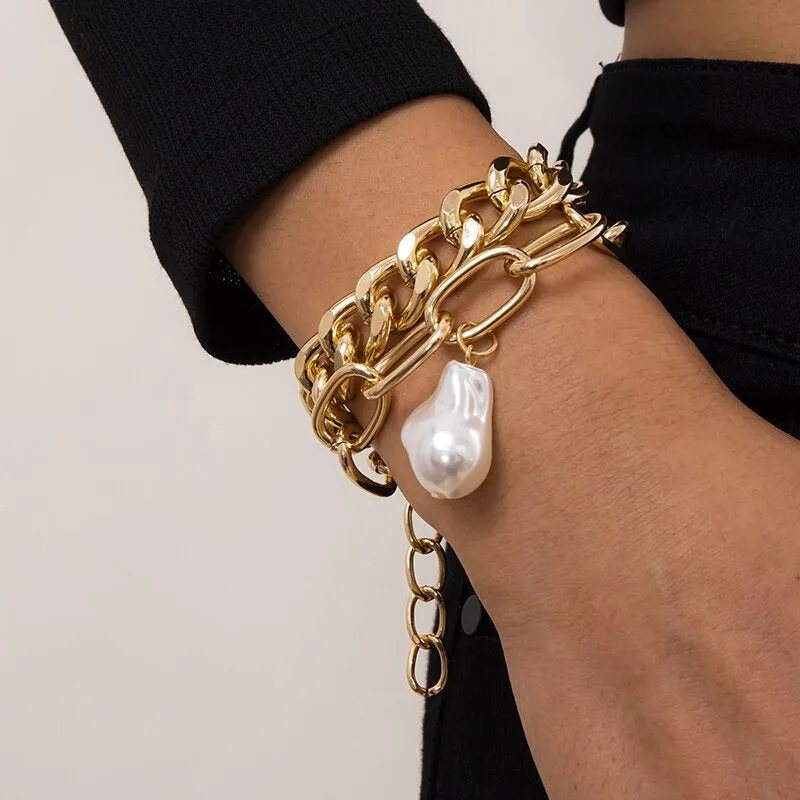 High Fashion Rhinestone Pearl, Chain, and Lock Multilayer Bracelet