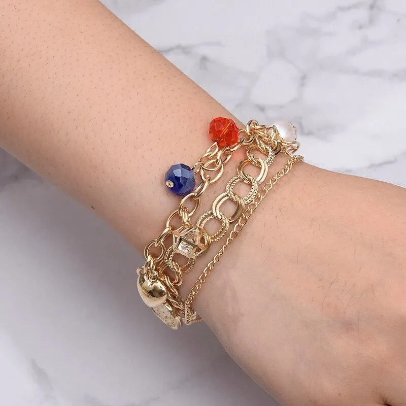 High Fashion Rhinestone Pearl, Chain, and Lock Multilayer Bracelet