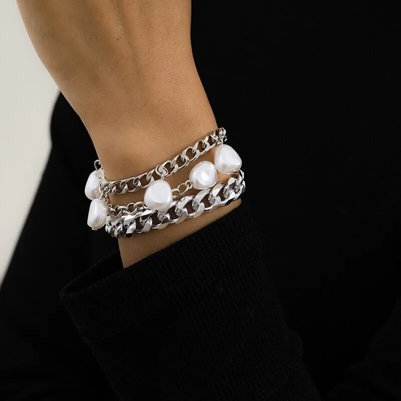 High Fashion Rhinestone Pearl, Chain, and Lock Multilayer Bracelet