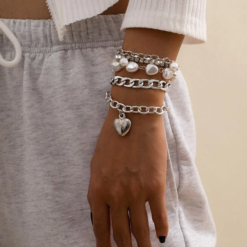 High Fashion Rhinestone Pearl, Chain, and Lock Multilayer Bracelet