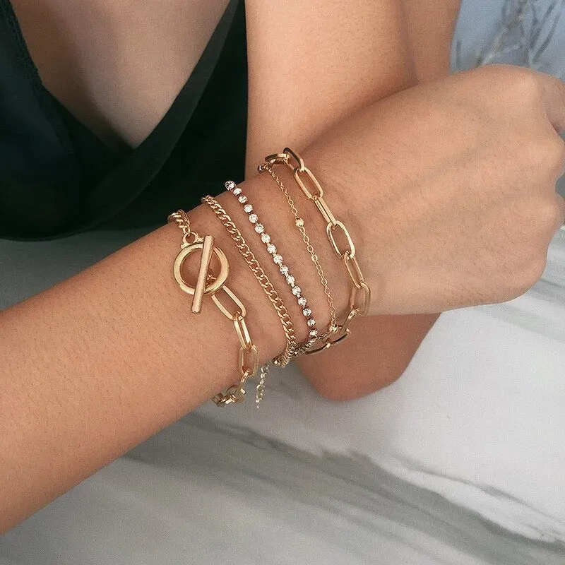 High Fashion Rhinestone Pearl, Chain, and Lock Multilayer Bracelet