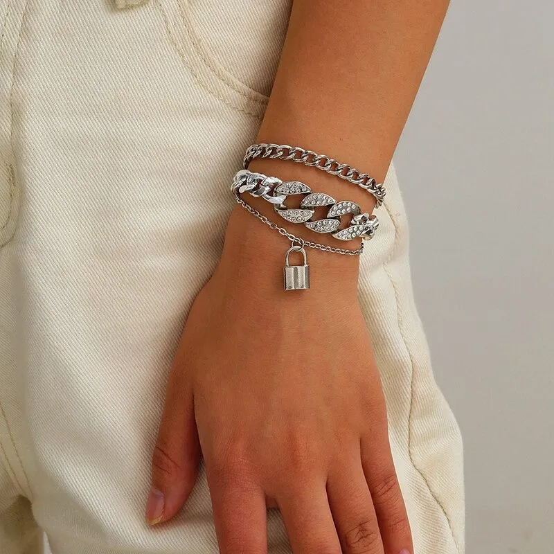 High Fashion Rhinestone Pearl, Chain, and Lock Multilayer Bracelet